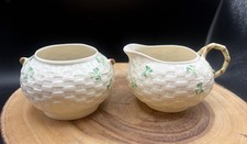 Vintage Belleek Shamrock Basketweave Creamer & Open Sugar Bowl Set 1980-93 picture