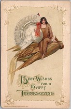 Vintage Winsch / Schmucker THANKSGIVING Postcard Indian Woman with White Turkey picture