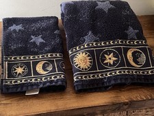 Vtg 90s Home trends Celestial Bath and Hand Towel Navy Blue Sun Moon Stars Y2K picture