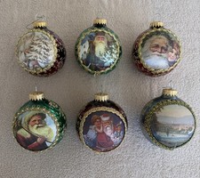 Lot of 7 Vtg Christmas by Krebs Santas on Silk Glass w/Box Holiday Time USA picture