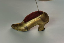 Antique Victorian Brass High Heeled Shoe Pin Cushion Red Velvet picture