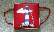 Vintage 1960s Elgin Red Vinyl Boat Seat Cushion Lighthouse Nautical Flags picture