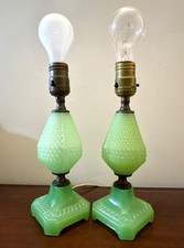 Pair Vintage Green Glass Ear of Corn Harrisburg Lightning Rod Ball Accent Lamps picture