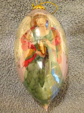 VINTAGE LI BIEN REVERSE PAINTED GLASS TEARDROP CHRISTMAS ORNAMENT - ANGEL (NIB) picture
