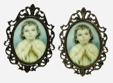 Vintage Oval Cast Metal Picture Frame Girl Oval Curved Dome Glass Set Of 2 picture