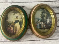 VTG Pair Italian Art Print Oval Frame Action Pink Green Handcraft Italy Florence picture