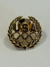Vintage Team USA Olympic Rings Laurel Wreath Gold Tone Lapel Pin 1” picture