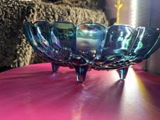 Vintage Indiana Glass Blue Carnival Footed Fruit Bowl Iridescent Harvest Grape picture
