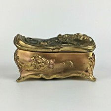 Antique Victorian Art Nouveau Jewelry Casket Box Gold Tone Flower Bird Silk Gift picture