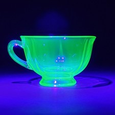 Vintage Green Uranium Glass Teacup Paneled Depression Glass Footed Glows UV picture