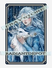 winter girl with deer wall art Metal Tin Sign enchanted forest feminine fairytal picture