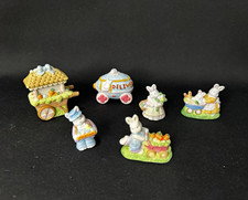 Ceramic Hand Painted Easter Bunny Rabbit Mini Figurines w/ Carts, Set of 6 picture