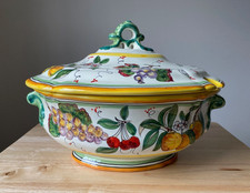 NEIMAN MARCUS Fruit Themed Hand Painted Art Pottery Tureen & Lid - Italy - VGUC picture