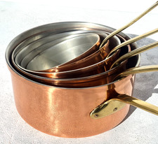 Vintage French Copper Pan Set of 5 Tin Lining Brass Handles Mint Condition 5.5lb picture