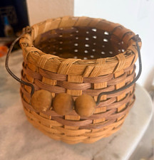 Vtg 1995 Hand Woven Splint Basket Signed Bob Wire Handle Wooden Rolling Beads 5