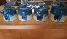 Gandee Village Pottery Beautiful Blues Beiges Glazed 4 PC Canister set-Signed picture