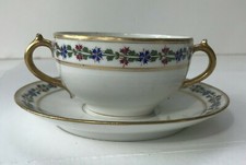 GDA Limoges Double Handle Cup & Saucer Set - Cobalt-Red-Green Floral Lot 2 picture