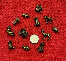 Frog and friends trinket set 12 tiny antique brass tone metal animals. picture