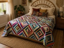 Vintage Handmade Satin String Quilt Patchwork Throw Blanket 62x96 Boho picture