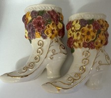VINTAGE CERAMIC VICTORIAN LUSTERWARE FLORAL BOOT SET VASE PLANTER MID CENTURY picture