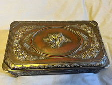 Ornate Embossed Metal Trinket Box Hinged Lid Velvet-Lined Interior picture