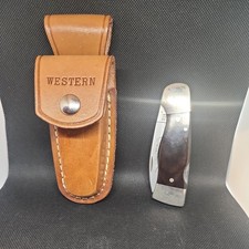 Vintage 1979 Western S-532 Lockback Pocket Knife Etched Blade w/ Original Sheath picture
