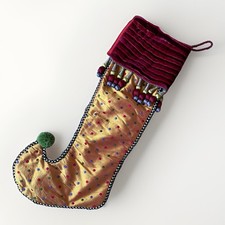 VTG Mackenzie Childs Jester Silk Christmas Stocking 29”  Gold Polkadot RARE HTF picture
