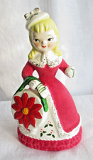 Vintage Relco Japan Flocked Christmas Lady Figurine w Poinsettia Purse 6 1/2