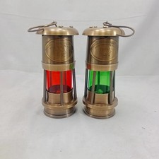 Set of 2 Vintage Brass Miners Safety Lamp Red & Green Lenses Home Table Decor picture