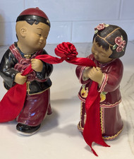 Vintage Sweethearts Chinese Couple Holding Satin Ribbon Hand painted Figurines picture