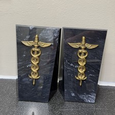NOS GATCO Caduceus Bookends Marble & Brass Medical Doctor Gift Original Box picture