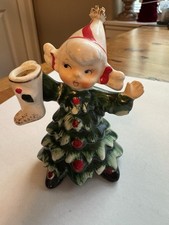 Vintage Lefton Ceramic Christmas Girl In Tree Dress With Stocking picture