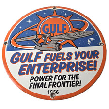 Vintage Gulf Gasoline Porcelain Sign - Star Trek Enterprise Gas Station Sign picture