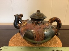 Vintage Chinese Art Pottery Miniature Teapot Multicolor Drip Glaze With Lid picture