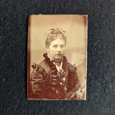 Antique 1870s Victorian Tintype Photo Wallet Size Portrait Ruffled Dress Jewelry picture