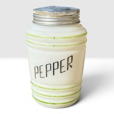 Vintage Hazel Atlas Milk Glass Beehive Pepper Range Shaker Green Stripes 4.5