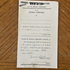 Antique 1948 Deed Bethel Cemetery Kansas Edwards County picture