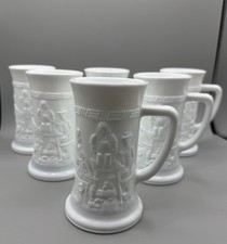 Vintage Set Of 6 Federal Milk Glass Beer Stein Mugs Tankard With Tavern Scene picture