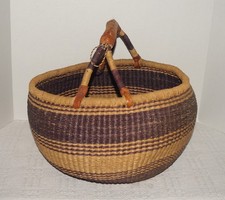 African Bolga Ghana MARKET BASKET Woven Straw Tote w/ Leather Handles 15