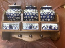 Unique Polish Pottery Peacock Design 3 Canisters and 3 Drawer Wood Set picture