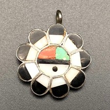 Petite Vintage Zuni Native Kachina Turquoise Coral Inlay Silver Pendant Charm picture