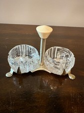 Vintage Double Open Salt Cellar Set Crystal Glass Bowls Original Carrying Tray picture