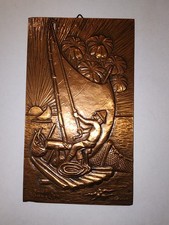 1960s Vintage : EMBOSSED copper WALL ART @ Brazil HIEROGLYPHICS & Primitive BOAT picture
