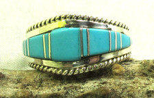 Native American Zuni Sterling Silver Turquoise Inlay Ring Size 10 #160 picture