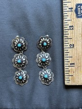 Vintage Sterling Silver Old Navajo Handmade Turquoise Concho Earrings picture