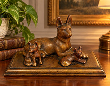 Vintage Solid Bronze German Shepherd & Puppies Sculpture – Heavy picture