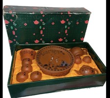 Nice Vintage Terra Cotta Pottery Asian Boxed Tea Set 14 Piece picture