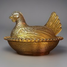 Vintage Indiana Glass Amber Hen on Nest Covered Dish Beaded Rim⁠ picture