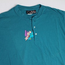 Vtg Disney Parks Snow White Dopey Dwarf Embroidered Henley T Shirt L XL Teal picture