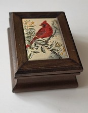 Vintage J & J Cash Coventry Wooden Trinket Box Woven Silk Red Cardinal Bird picture